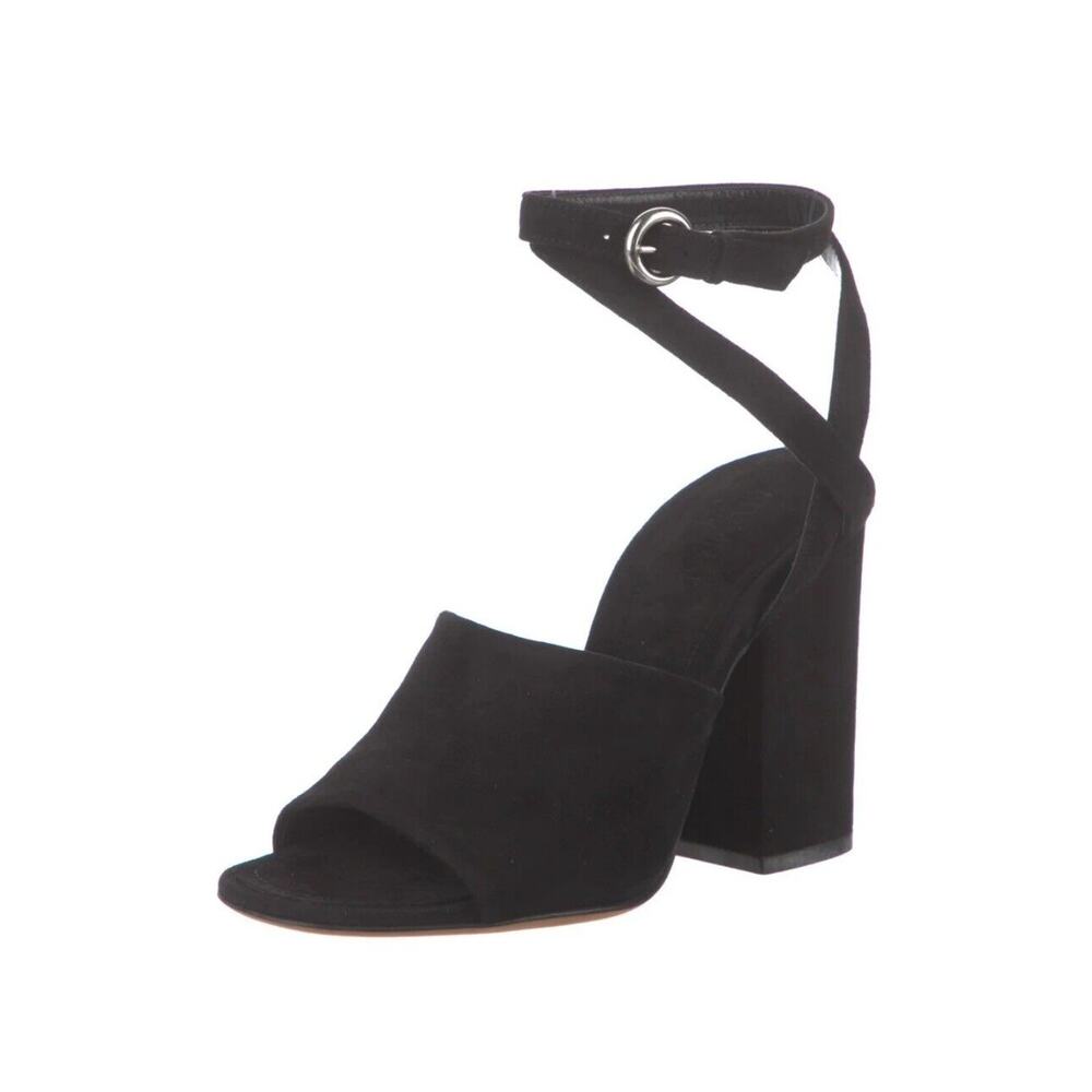 Alumnae Black Suede Leather Block Heel Ankle Wrap Sandals Sz 8.5 EU 39